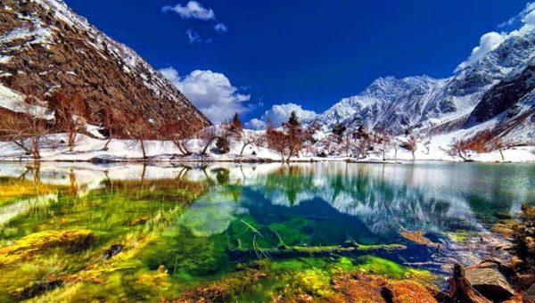 Turquoise lakes and snow-covered peaks in Naltar Valley, Gilgit-Baltistan